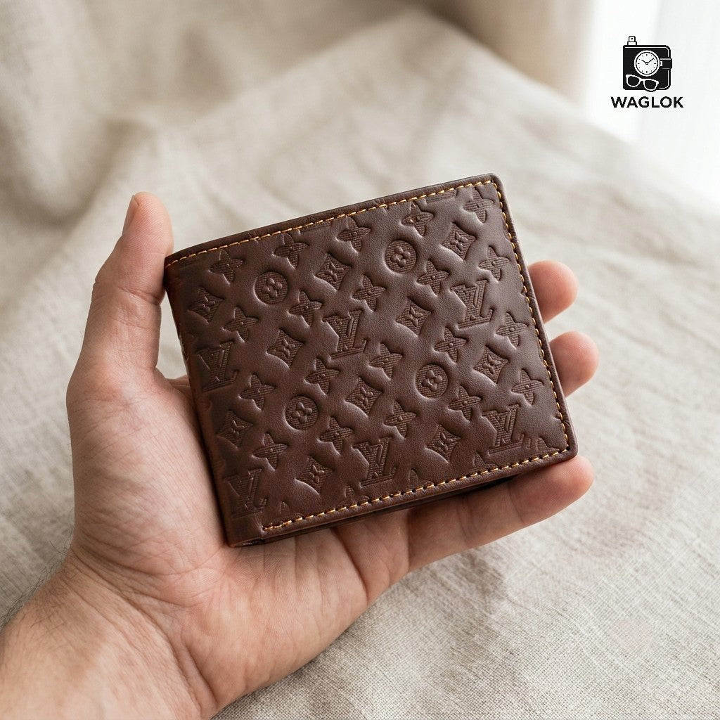 Men's Genuine Leather Bifold Wallet with Gift Box | Monogram Pattern RFID Card Holder Pocket Friendly Wallet